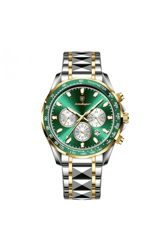 Men's Two-Tone Stainless Steel Chronograph Watch - Green Dial Luminous Waterproof Calendar Business Sport Quartz Wristwatch
