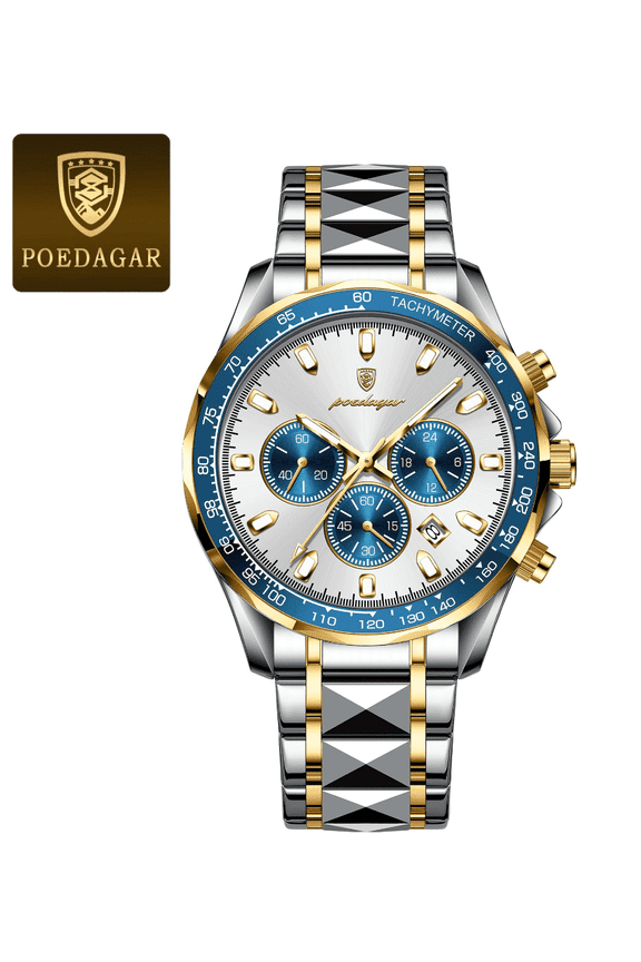 Men's Two-Tone Stainless Steel Chronograph Watch - White Dial Luminous Waterproof Calendar Business Sport Quartz Wristwatch