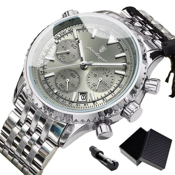 Poedagar Stainless Steel Multifunctional Fashion Business Quartz Mens Watches Waterproof Chronograph Luminous Wristwatch