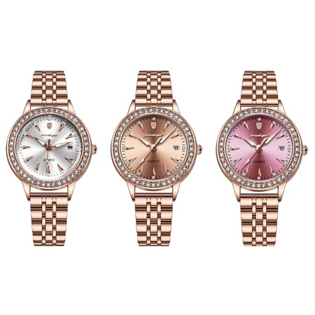 Poedagar Women's Time+Date Quartz Watch, 28mm Stainless Steel, Rhinestone Gold Bezel, White Dial