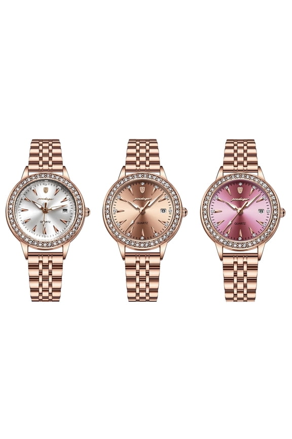 Women's Time+Date Quartz Watch, 28mm Stainless Steel, Rhinestone Gold Bezel, White Dial