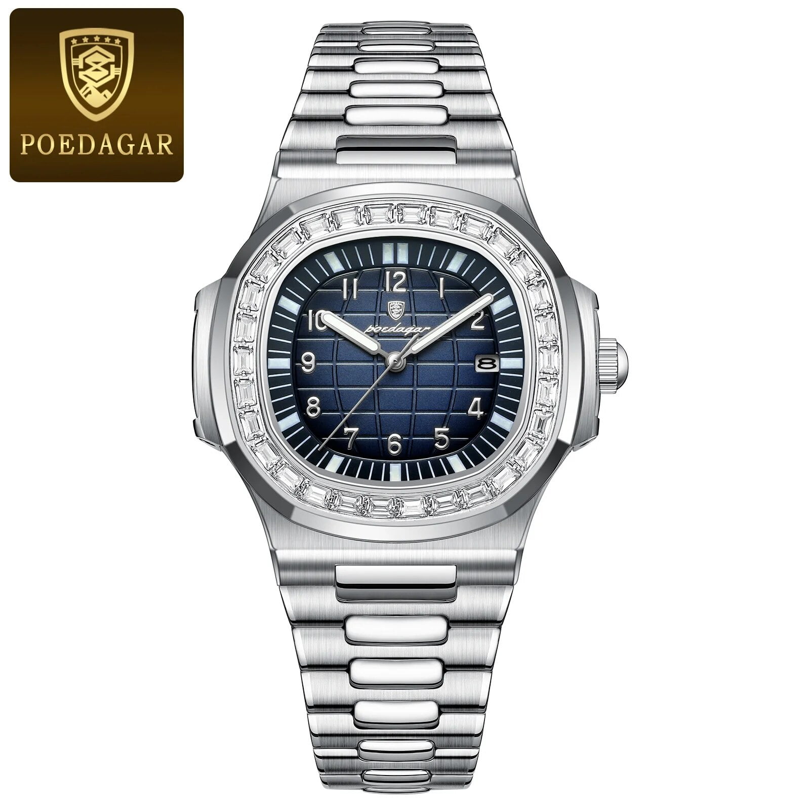 Poedagar Montre Homme Quartz Carrée Acier Inoxydable - Étanchéité 3ATM, Lumineuse Avec Date