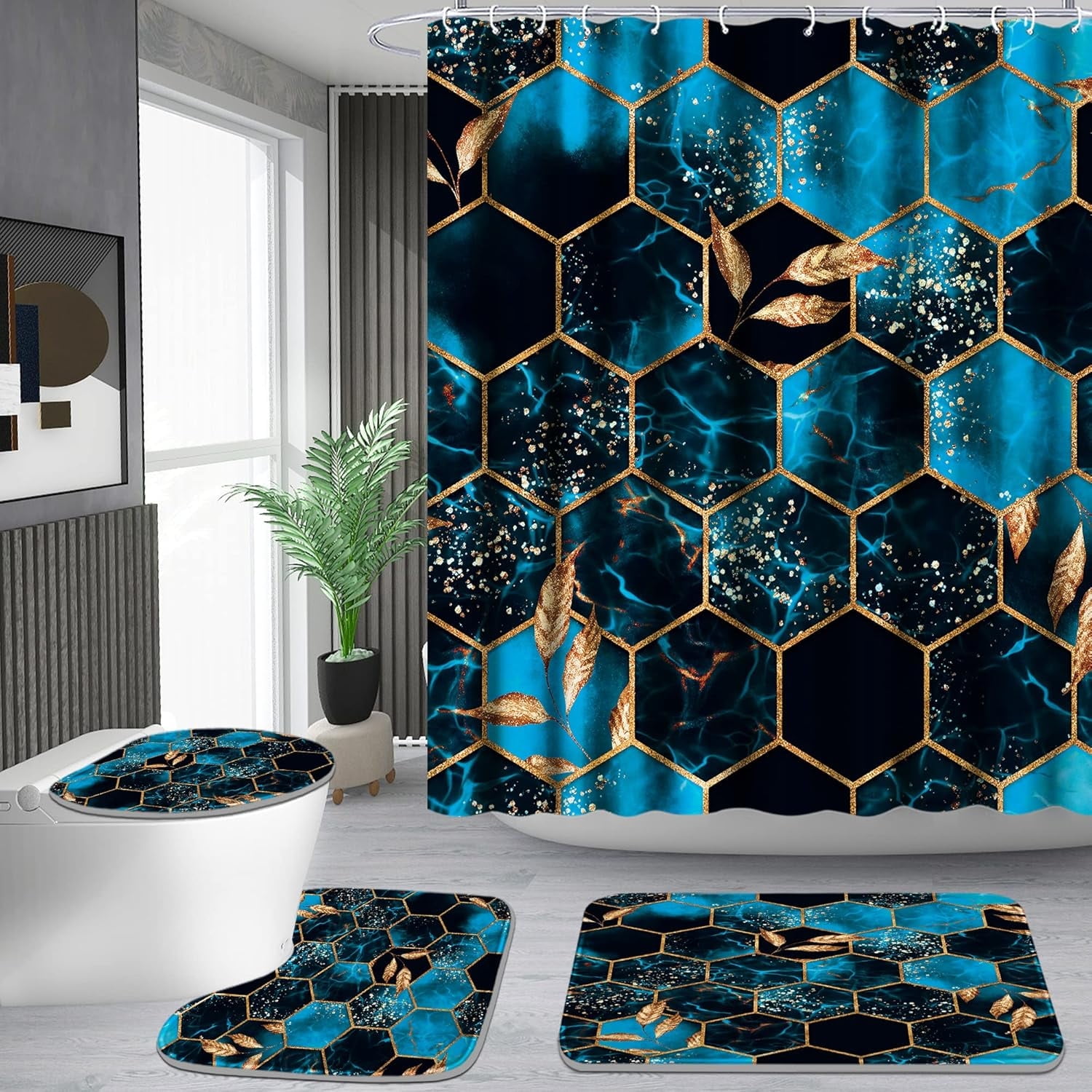 4 Pcs Bathroom Shower Curtain Set,Bathroom Sets with Rugs(Bath Mat,U Shape and Toilet Lid Cover Mat) and 12 Hooks,Sky Blue Honeycomb Marble