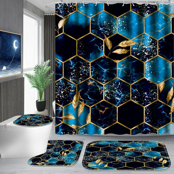 4 Pcs Bathroom Shower Curtain Set,Bathroom Sets with Rugs(Bath Mat,U Shape and Toilet Lid Cover Mat) and 12 Hooks,Sky Blue Honeycomb Marble
