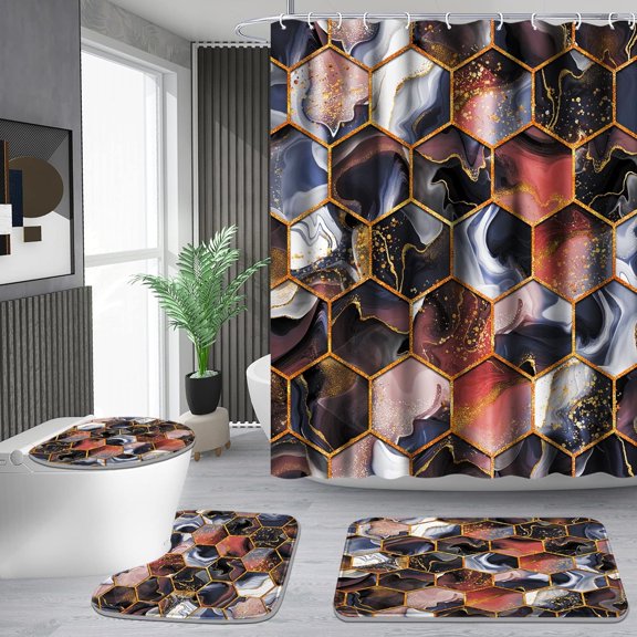 4 Pcs Bathroom Shower Curtain Set,Bathroom Sets with Rugs(Bath Mat,U Shape and Toilet Lid Cover Mat) and 12 Hooks,Sky Blue Honeycomb Marble