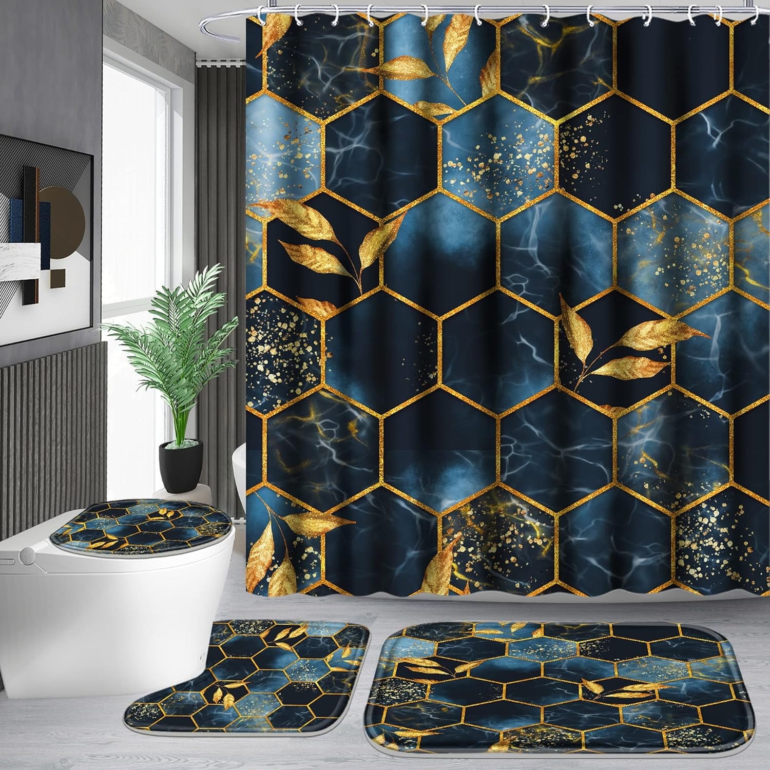 4 Pcs Bathroom Shower Curtain Set,Bathroom Sets with Rugs(Bath Mat,U Shape and Toilet Lid Cover Mat) and 12 Hooks,Sky Blue Honeycomb Marble