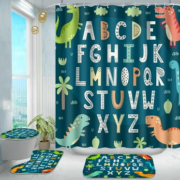 Poedist 4 Pcs Bathroom Shower Curtain Set,Kid's Bathroom Set,Shower Curtain Sets with Rugs(Bath Mat,U Shape and Toilet Lid Cover Mat) and 12 Hooks,Alphabet Cartoon Dinosaur