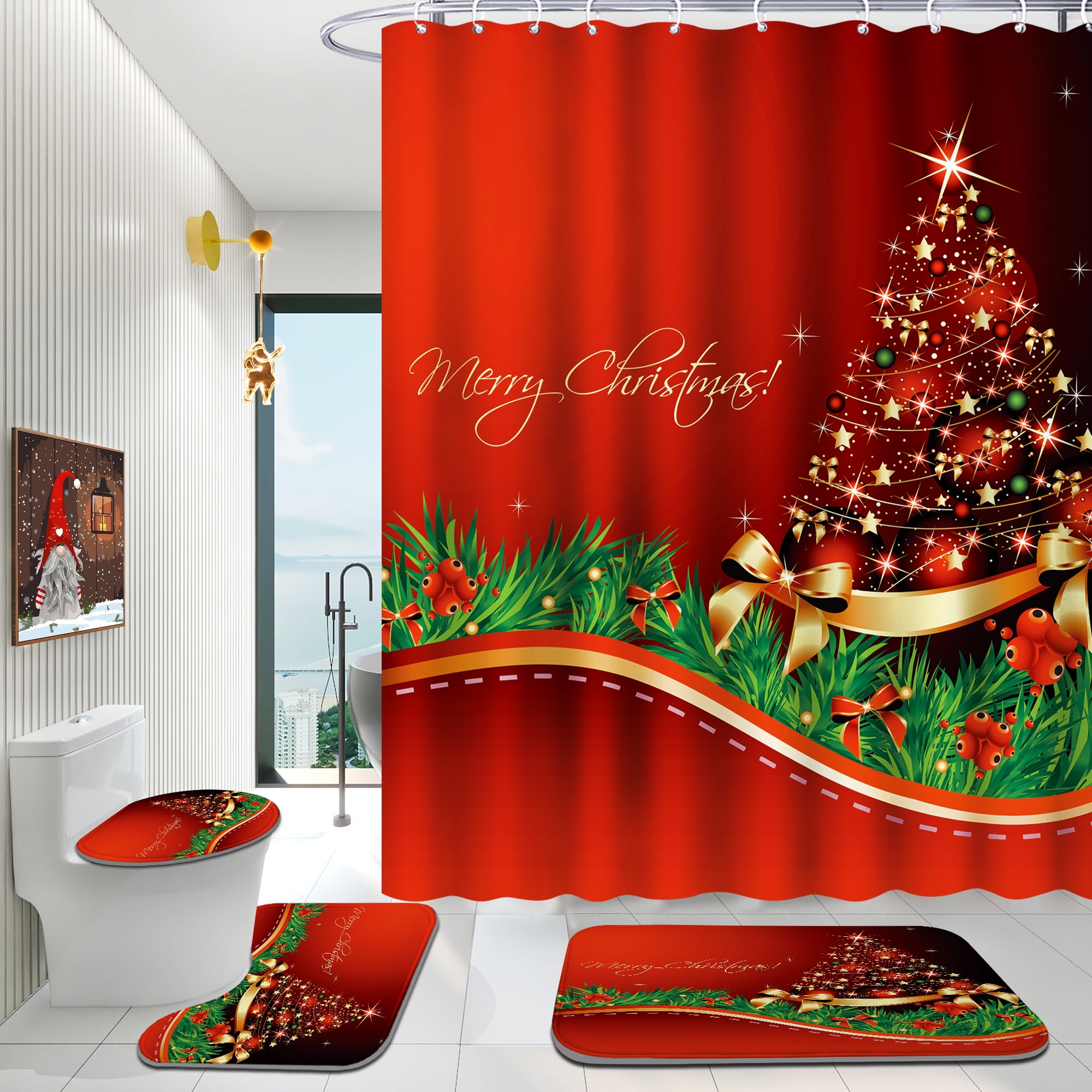 Poedist 4Pcs Christmas Bathroom Sets with Shower Curtain and Rugs