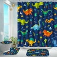 thumbnail image 1 of Poedist 4Pcs Kid Shower Curtain Set, Bathroom Sets with Shower Curtain and Rugs, with Non-Slip Rugs,Toilet Lid Cover,Bath Mat and 12 Hooks,71 x 71 Inch, Dark Blue Dinosaur Kid's Set, 1 of 6