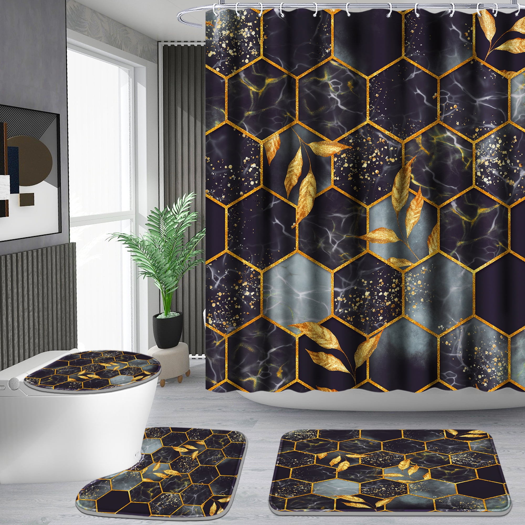 Poedist 4Pcs Marble Bathroom Sets with Shower Curtain and Rugs, Marble Shower Curtain Set with Non-Slip Rugs,Toilet Lid Cover,Bath Mat and 12 Hooks,71 x 71 Inch, Black Honeycomb Marble