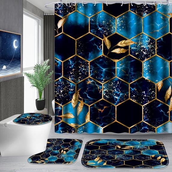 Poedist 4Pcs Marble Bathroom Sets with Shower Curtain and Rugs, Marble Shower Curtain Set with Non-Slip Rugs,Toilet Lid Cover,Bath Mat and 12 Hooks,71 x 71 Inch, SKY Blue Honeycomb Marble