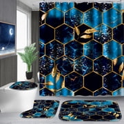 Poedist 4Pcs Marble Bathroom Sets with Shower Curtain and Rugs, Marble Shower Curtain Set with Non-Slip Rugs,Toilet Lid Cover,Bath Mat and 12 Hooks,71 x 71 Inch, SKY Blue Honeycomb Marble