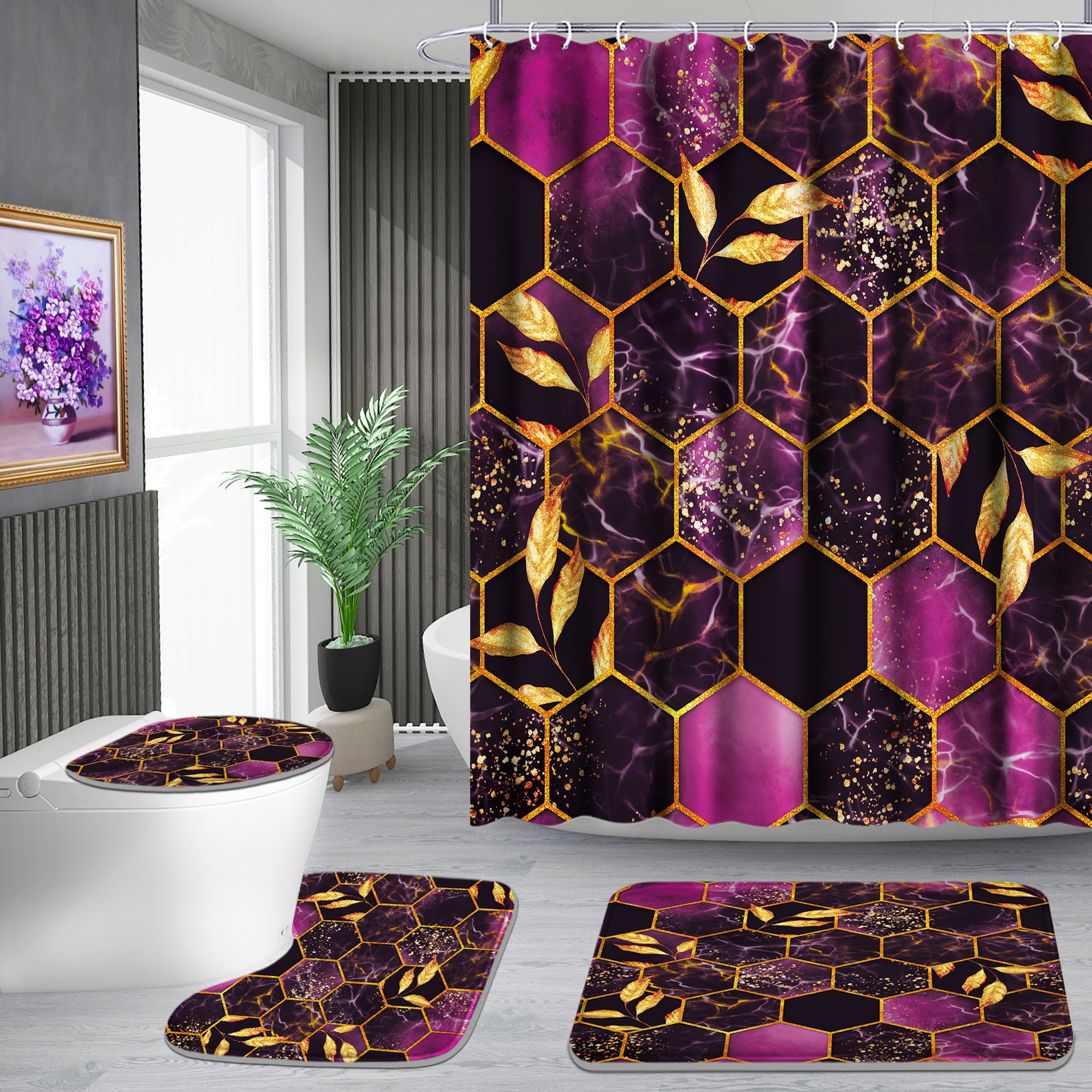 Poedist 4Pcs Marble Bathroom Sets with Shower Curtain and Rugs, Marble