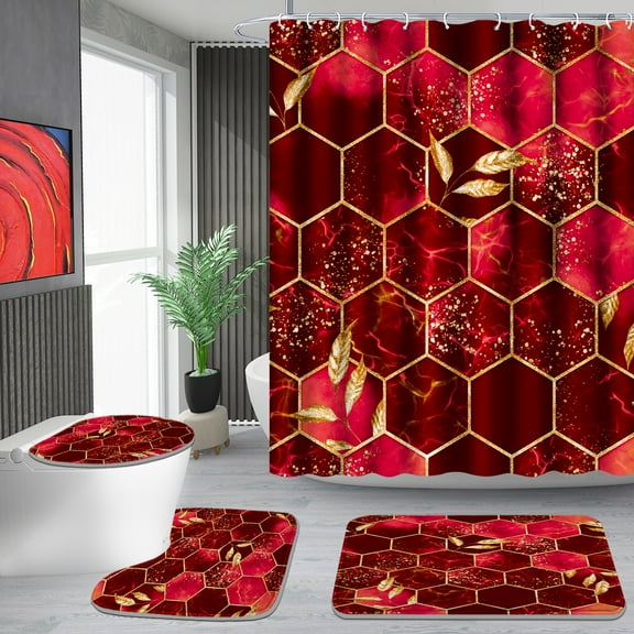 Poedist 4Pcs Marble Bathroom Sets with Shower Curtain and Rugs, Marble Shower Curtain Set with Non-Slip Rugs,Toilet Lid Cover,Bath Mat and 12 Hooks,71 x 71 Inch, Red Honeycomb Marble