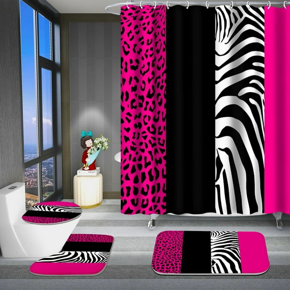 Poedist 4Pcs Shower Curtain Set, Bathroom Sets with Shower Curtain and Rugs, with Non-Slip Rugs,Toilet Lid Cover,Bath Mat and 12 Hooks,71 x 71 Inch, Rose Leopard Print