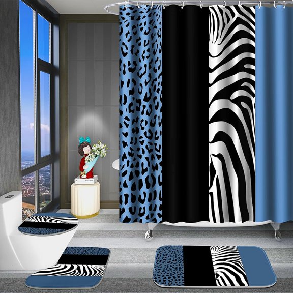Poedist 4Pcs Shower Curtain Set, Bathroom Sets with Shower Curtain and Rugs, with Non-Slip Rugs,Toilet Lid Cover,Bath Mat and 12 Hooks,71 x 71 Inch,Blue Leopard Print