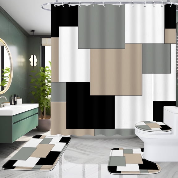 Poedist 4Pcs Shower Curtain Set, Bathroom Sets with Shower Curtain and Rugs, with Non-Slip Rugs,Toilet Lid Cover,Bath Mat and 12 Hooks,71 x 71 inch, Geometric Gray
