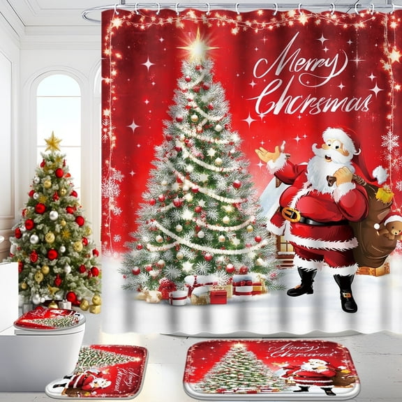 Poedist Christmas Bathroom Sets, Shower Curtain Sets 4 Pcs, Xmas Bathroom Decor Sets, Merry Christmas Shower Curtain Sets with Rugs(Bath Mat,U Shape,Toilet Lid Cover) and Hooks, Shiny Xmas Tree