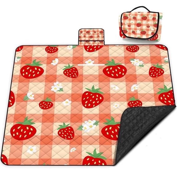 Poedist Extra Picnic Blanket Waterproof,80"x 80"Foldable Machine Washable Beach Blanket,Outdoor Blanket for 6-8 Adults,Suitable for Indoor Crawling,Park Beach,Camping,Hiking,Orange Strawberry