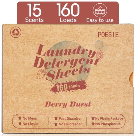 Poesie Laundry Detergent Sheets, Berry Burst Scent, No Plastic, 160 Count, 1 Pack