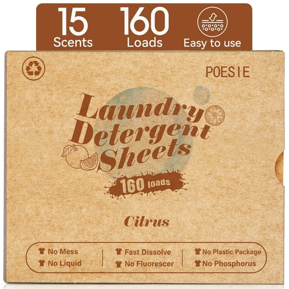 Poesie Laundry Detergent Sheets, Citrus Scent, High Efficiency, 160 Count, 1 Pack