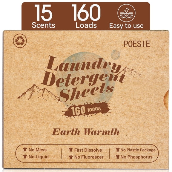 Poesie Laundry Detergent Sheets, Earth Warmth Scent, No Plastic, 160 Count, 1 Pack