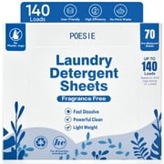 Poesie Laundry Detergent Sheets, Fragrance Free, 140 Loads, 1 Pack of 70