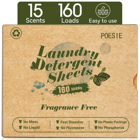 Poesie Laundry Detergent Sheets, Fragrance Free, Liquidless, 160 Count, 1 Pack