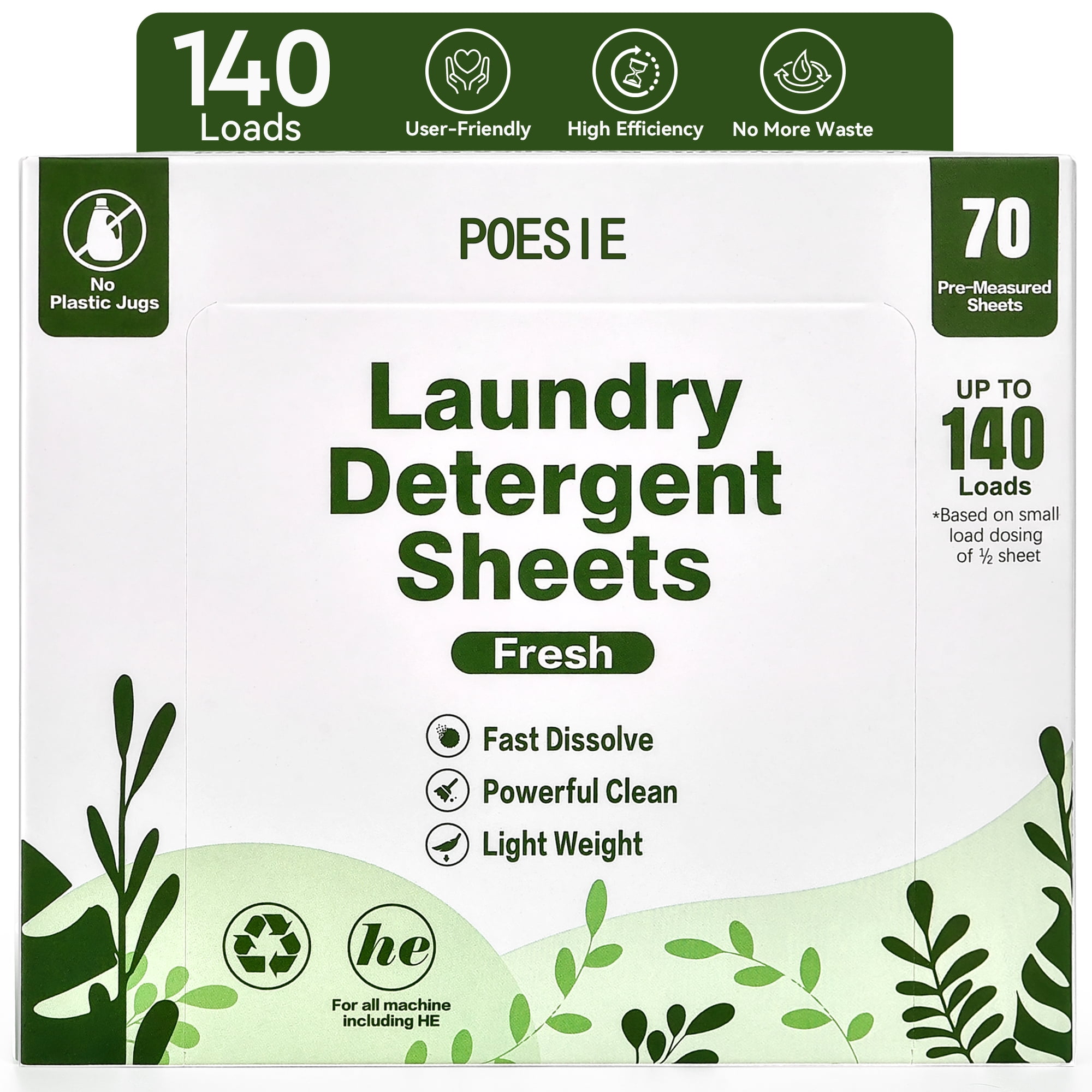 Poesie Laundry Detergent Sheets, Fresh, 140 Loads, 1 Pack of 70