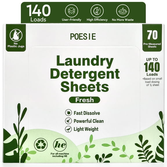 Poesie Laundry Detergent Sheets, Fresh, 140 Loads, 1 Pack of 70