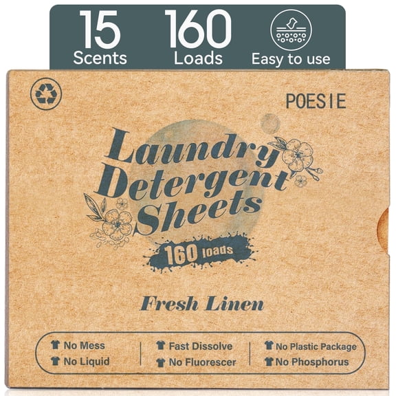 Poesie Laundry Detergent Sheets, Fresh Linen Scent, High Efficiency, 160 Count, 1 Pack