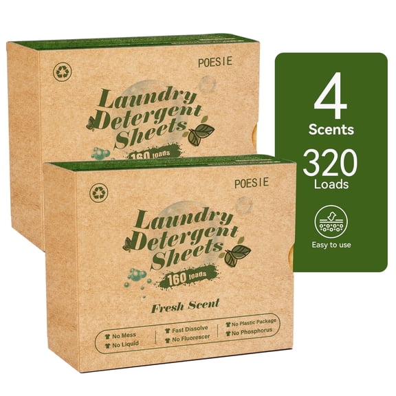 Poesie Laundry Detergent Sheets, Fresh Scent, Liquidless, 320 Count, 160 Loads, 2 Pack