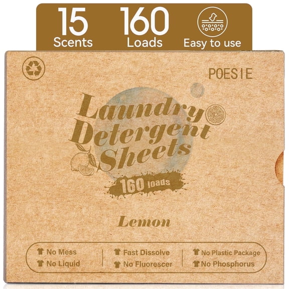 Poesie Laundry Detergent Sheets, Lemon Scent, No Waste, 160 Count, 1 Pack