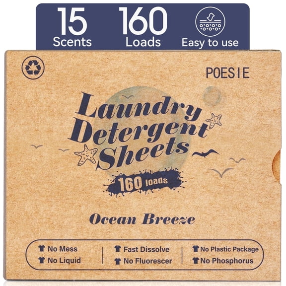 Poesie Laundry Detergent Sheets, Ocean Scent, No Waste, 160 Count, 1 Pack