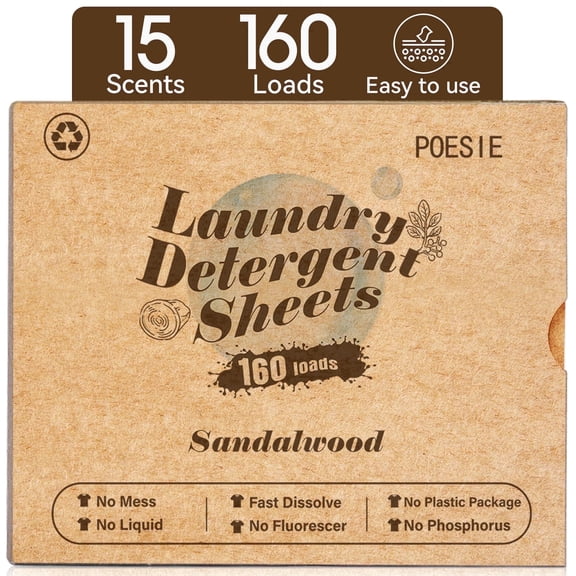 Poesie Laundry Detergent Sheets, Sandalwood Scent, Liquidless, 160 Count, 1 Pack