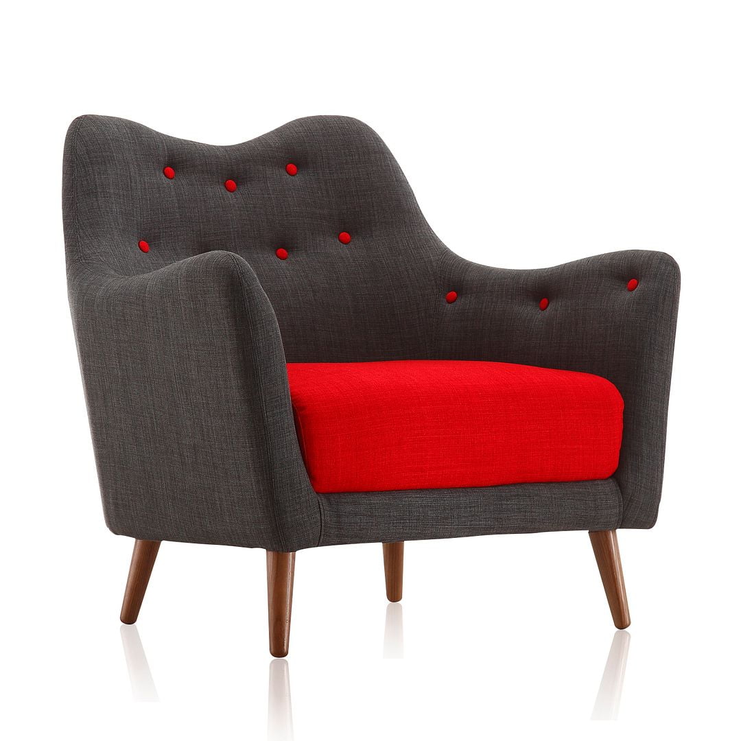 Light Charcoal and Red Velvet Accent Chair with Wood Legs