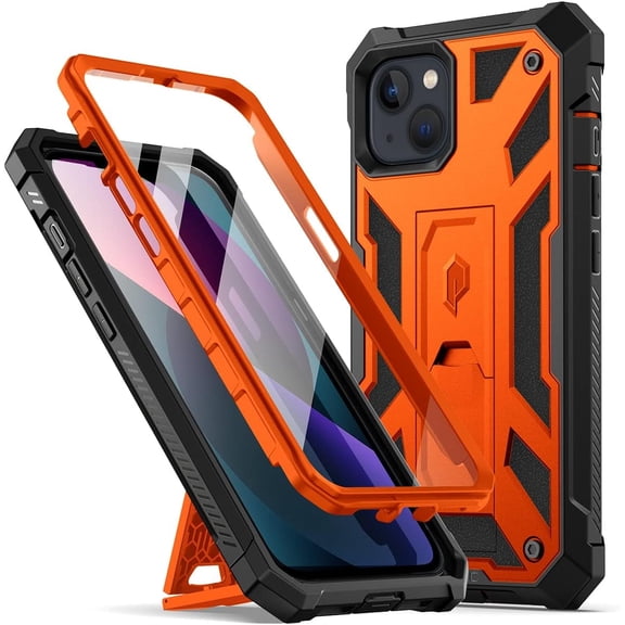 Poetic Compatible with iPhone 13 Case, Spartan Series Cell Phone Case for iPhone13 (6.1 in, 2021) Full Body Rugged Premium Leather Texture Shockproof Protective Cover with Kickstand, Metallic Orange