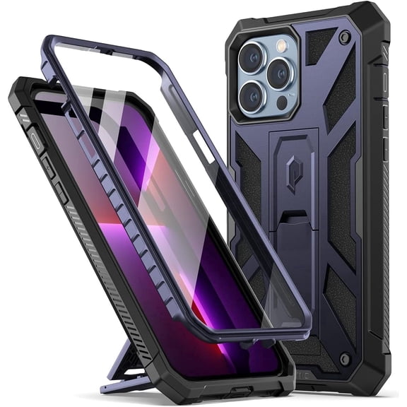 Poetic Compatible with iPhone 13 Pro Case, Spartan Series Phone Case for iPhone 13 Pro 6.1 inch, Full Body Rugged Premium Leather Texture Shockproof Protective Cover with Kickstand, Metallic Blue