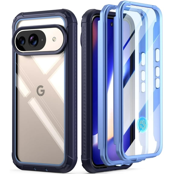 Poetic Guardian Case for Google Pixel 10/10 Pro 5G, Built-in Screen Protector [Work with Fingerprint ID], [2 Front Frame] [Wireless Charge] Full Body Shockproof Rugged Clear Cover Case, Blue/Clear