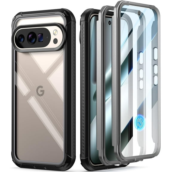 Poetic Guardian Case for Google Pixel 10 Pro XL 5G, Built-in Screen Protector [Work with Fingerprint ID], [2 Front Frame] [Wireless Charge] Full Body Shockproof Rugged Clear Cover Case, Black/Clear