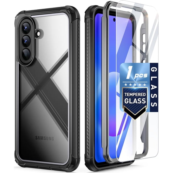 Poetic Guardian Case for Samsung Galaxy A57 5G, 20 FT Mil-Grade Drop Tested | Tempered Glass Screen Protector,Full-Body Hybrid Shockproof Cover with Screen Protector for Galaxy A57, Black/Clear