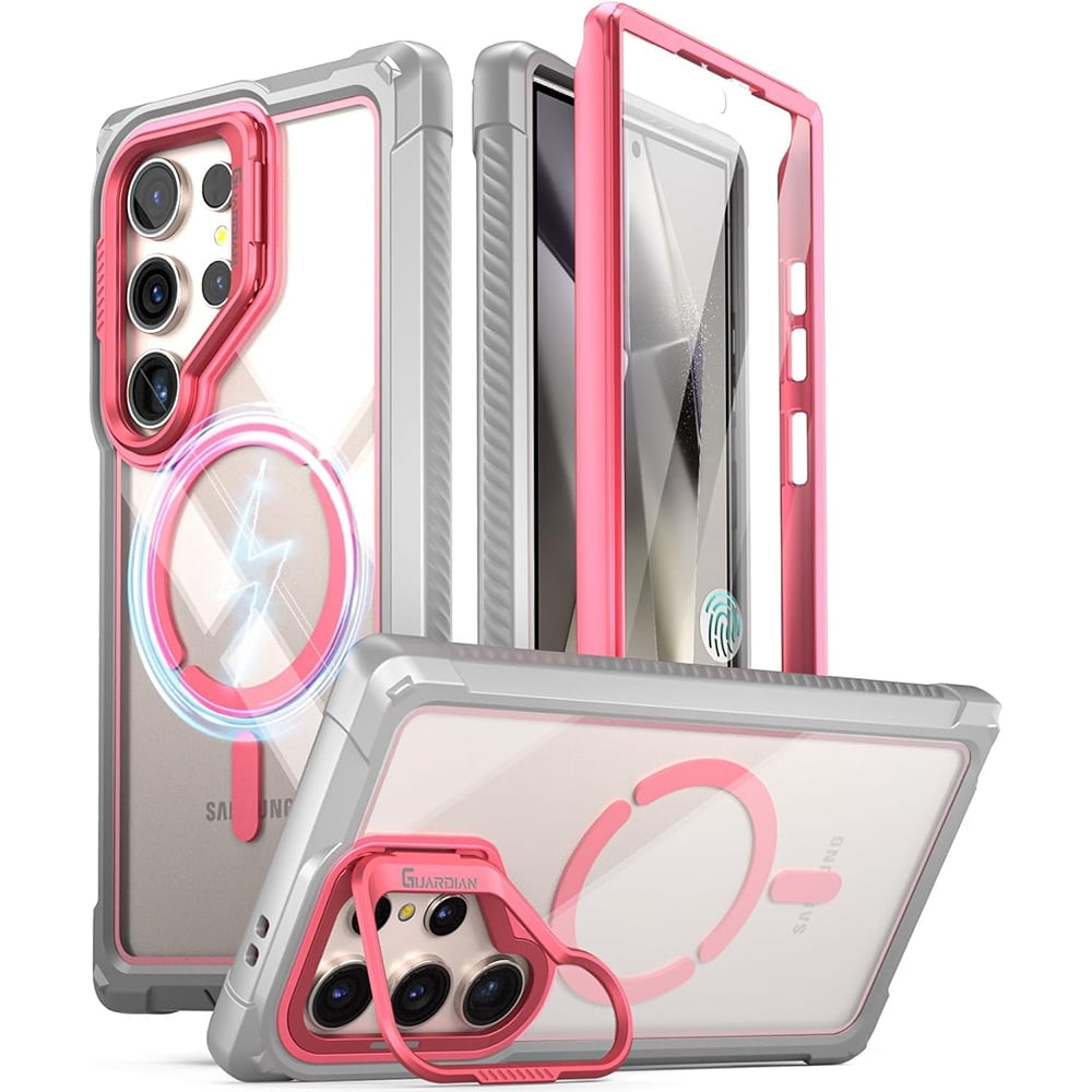 Poetic Guardian Case for Samsung Galaxy S24 Ultra 6.8", [Built-in Camera Stand] [Screen Protector Work with Fingerprint ID] Full Body Shockproof Protective Rugged Clear Cover, Pink/Clear