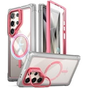 Poetic Guardian Case for Samsung Galaxy S24 Ultra 6.8, [Built-in Camera Stand] [Screen Protector Work with Fingerprint ID] Full Body Shockproof Protective Rugged Clear Cover, Pink/Clear