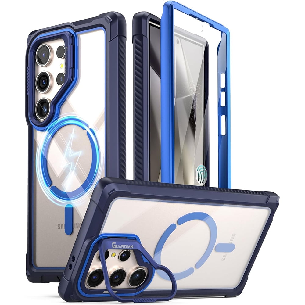 Poetic Guardian Case for Samsung Galaxy S24 Ultra 6.8", [Built-in Camera Stand] [Screen Protector Work with Fingerprint ID] Full Body Shockproof Protective Rugged Clear Cover, Blue/Clear