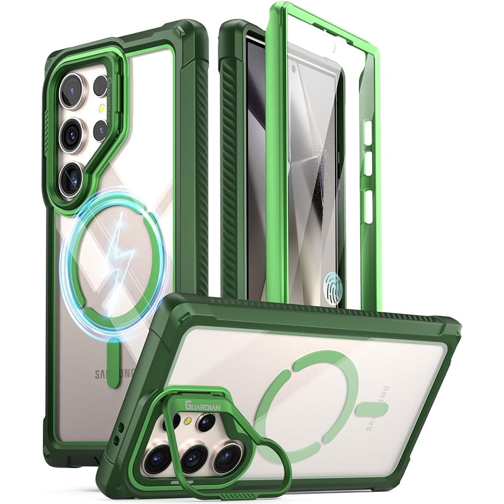 Poetic Guardian Case for Samsung Galaxy S24 Ultra 6.8", [Built-in Camera Stand] [Screen Protector Work with Fingerprint ID] Full Body Shockproof Protective Rugged Clear Cover, Green/Clear