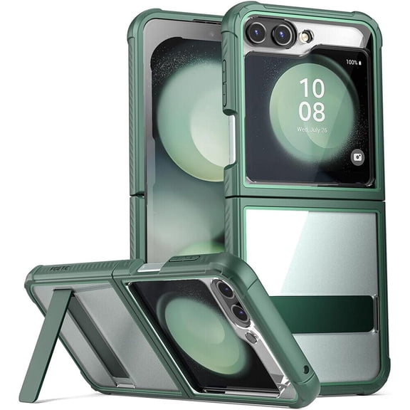 Poetic Guardian Case for Samsung Galaxy Z Flip 5 5G 6.7 Inch (2023), [Kickstand][6FT Mil-Grade Drop Tested] Full-Body Hybrid Shockproof Protective Rugged Clear Cover Case, Dark Cactus/Clear
