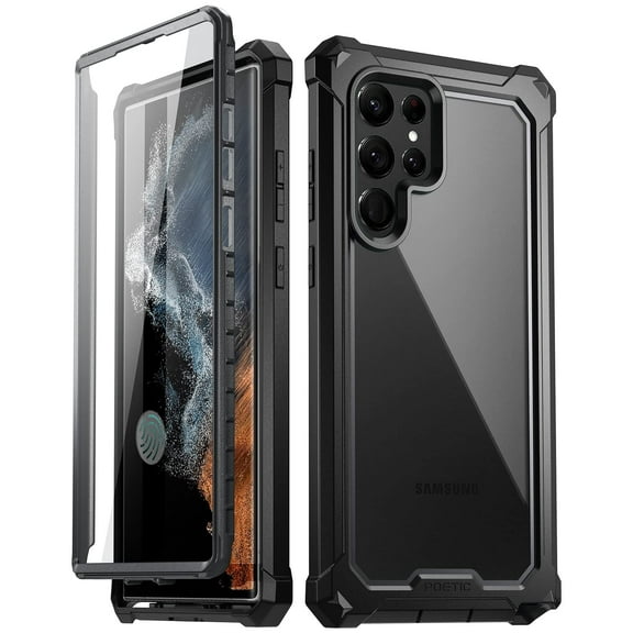 Poetic Guardian Case for Galaxy S22 Ultra 5G, Clear Case with Built-in Screen Protector (Work w/ Fingerprint ID), Black/Clear