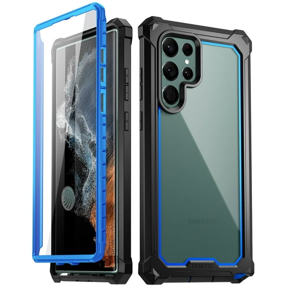 Poetic Guardian Case for Galaxy S22 Ultra 5G, Clear Case with Built-in Screen Protector (Work w/ Fingerprint ID), Blue/Clear