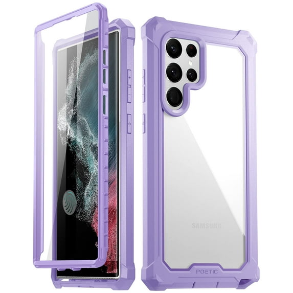 Poetic Guardian Case for Galaxy S22 Ultra 5G, Clear Case with Built-in Screen Protector (Work w/ Fingerprint ID), Purple/Clear