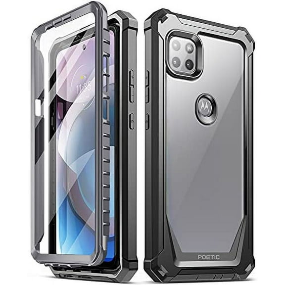 Poetic Guardian Case for Moto one 5G Ace, Clear Case with Built-in Screen Protector, Black/Clear